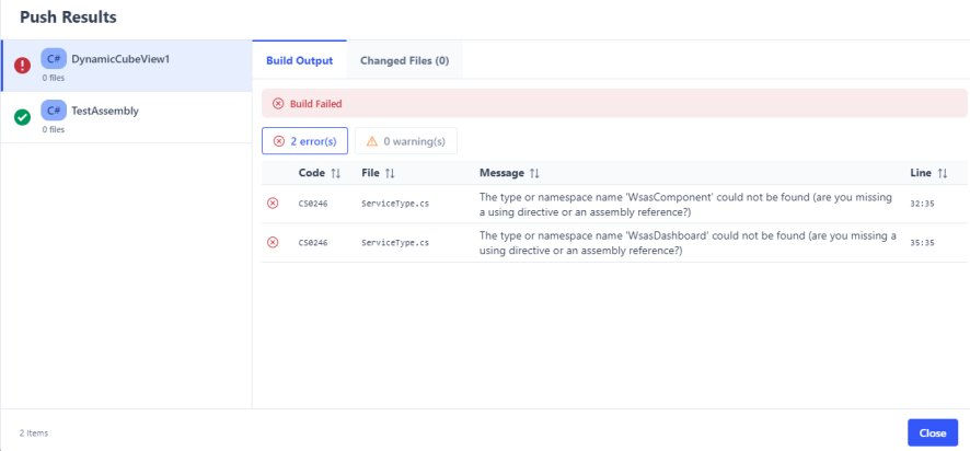 The Push Results window dispalys a successful and an unsuccessful push. The build output displays two errors